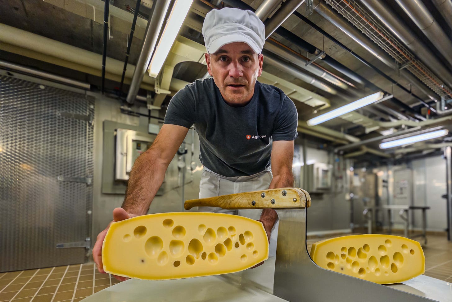 Ein Mitarbeiter der Versuchskäserei von Agroscope in Arbeitskleidung und weisser Mütze präsentiert eine halbierte Emmentaler-Käseprobe mit typischen grossen Löchern. Im Hintergrund sind Edelstahlanlagen, Rohre und helle Leuchten der modernen Käserei zu sehen. Ein Mitarbeiter der Versuchskäserei von Agroscope in Arbeitskleidung und weisser Mütze präsentiert eine halbierte Emmentaler-Käseprobe mit typischen grossen Löchern. Im Hintergrund sind Edelstahlanlagen, Rohre und helle Leuchten der modernen Käserei zu sehen.