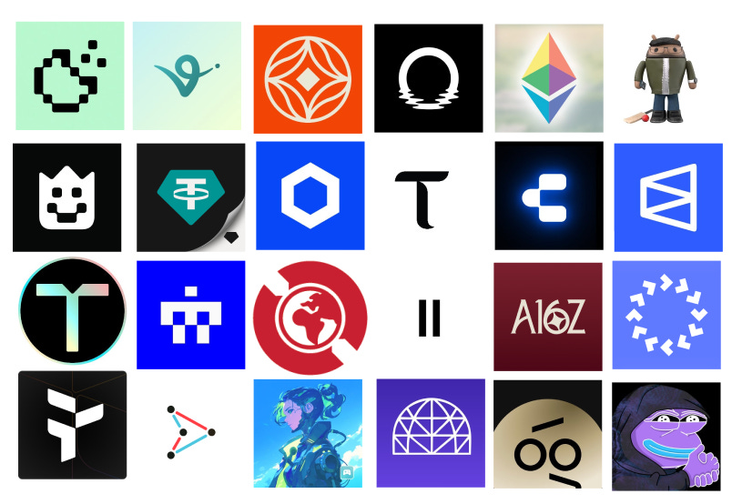 A grid of colorful logos and icons from various tech and crypto projects including abstract shapes, animal figures like a bear and frog, geometric designs, letters such as T and C, and symbols representing AI, blockchain, and robotics entities like Tether, Chainlink, Bittensor, and others arranged in rows.