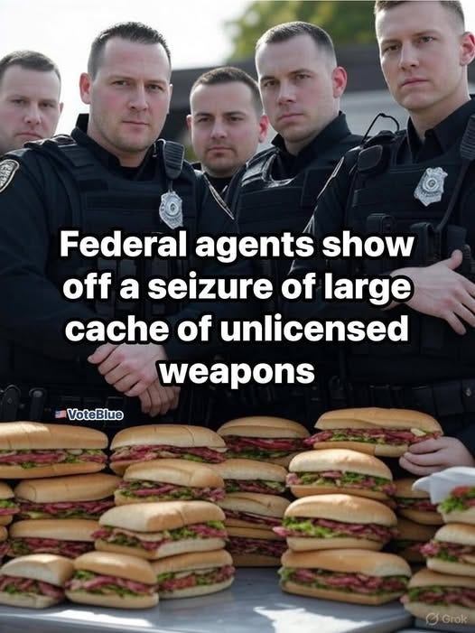 May be an image of 3 people and text that says 'Federal agents show off a seizure of large cache of unlicensed weapons 時 VoteBlue S Grok'