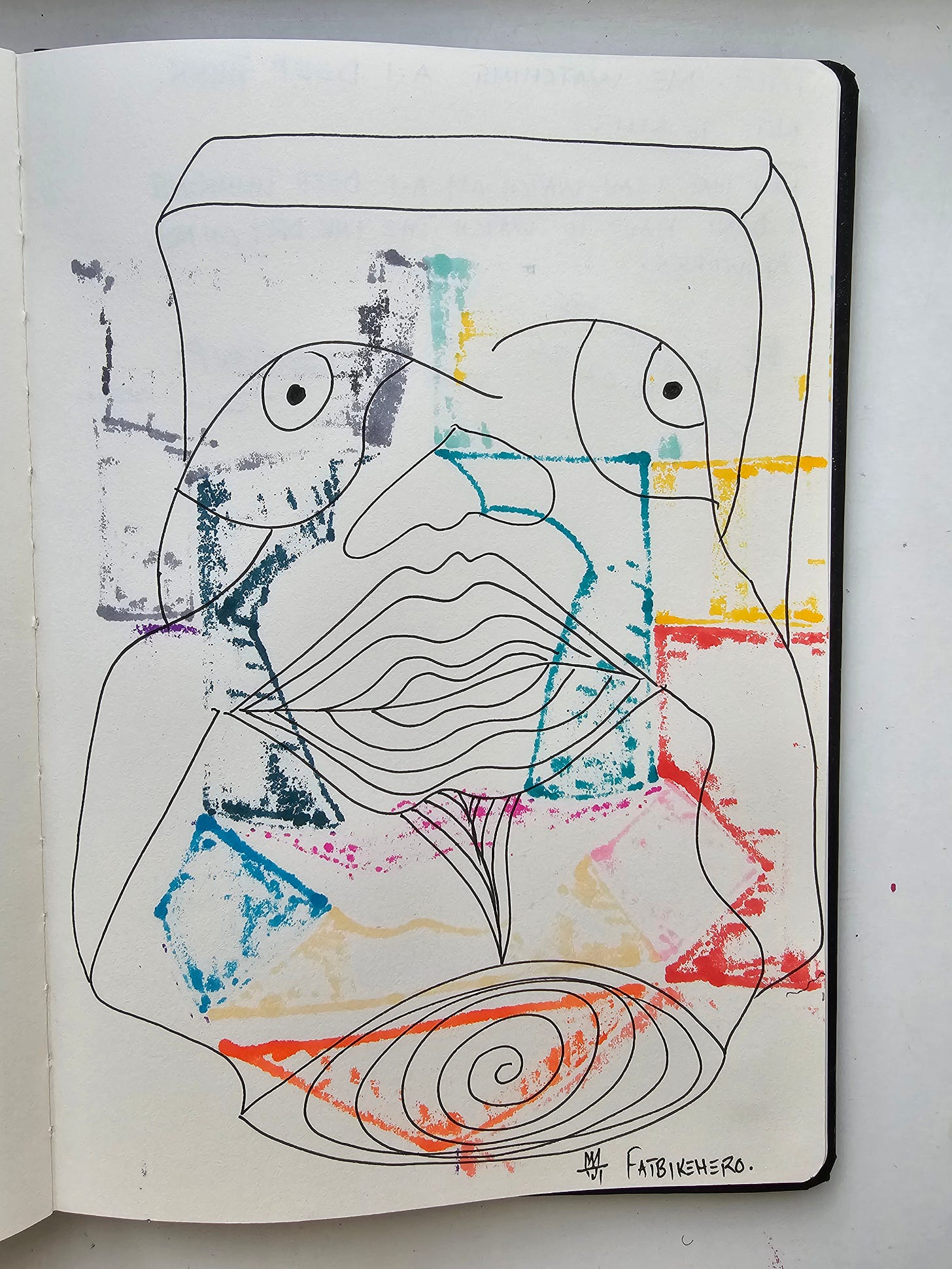 Line-drawn abstract face with spiral base and multicolored pigment transfers titled “Me Watching A.I Deep Think.”