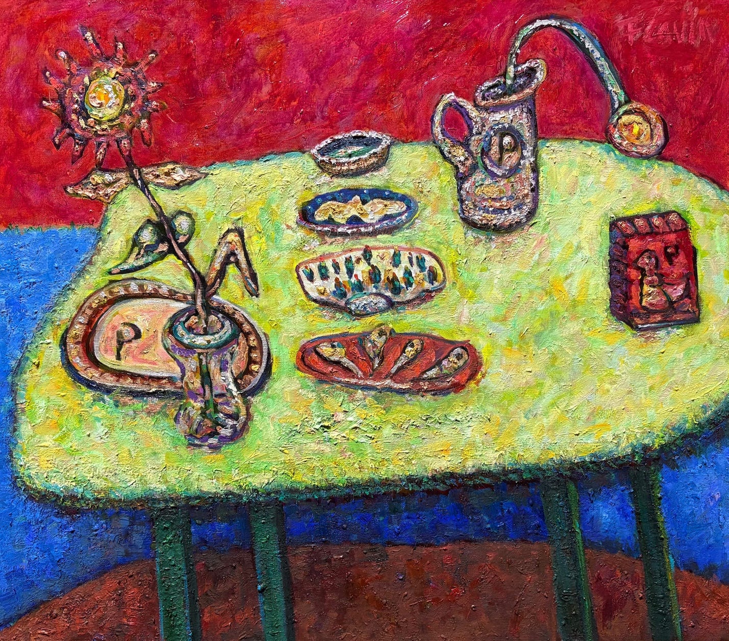 A painting of a table with plates and vases
AI-generated content may be incorrect.