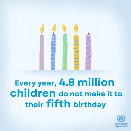 May be a graphic of child and text that says "Every year 4.8 million children do not make it to their fifth birthday World Health Organization"