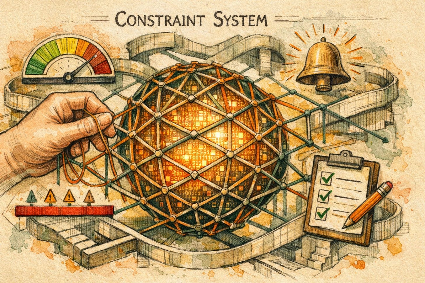 MC Escher surreal technical illustration of a Constraint System: a hand weaving rule-threads into a geometric net around a glowing data orb, with icons for tone, red lines, escalation, and checklist.