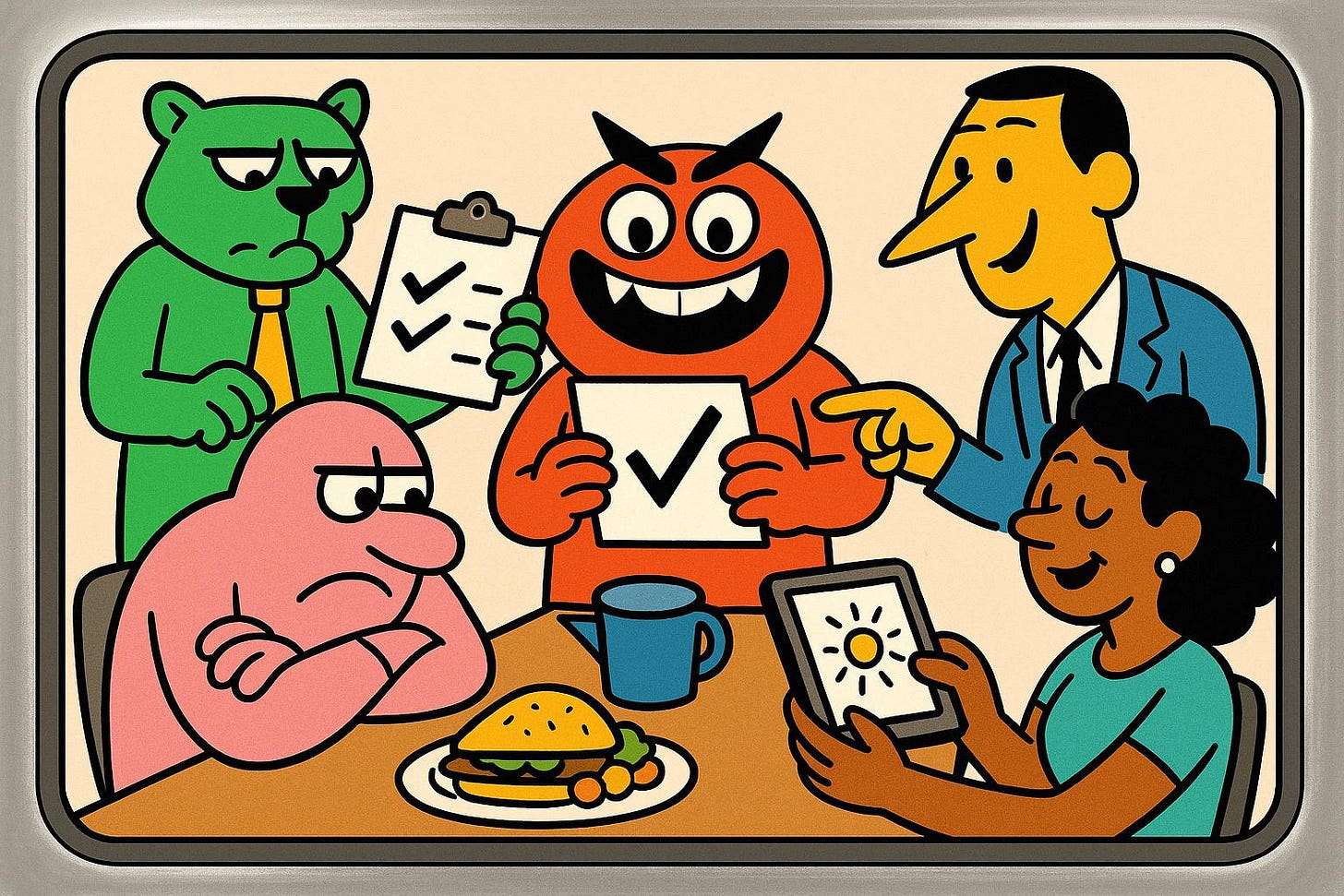 Cartoon Meeting of Monsters and Humans Around a Conference Table