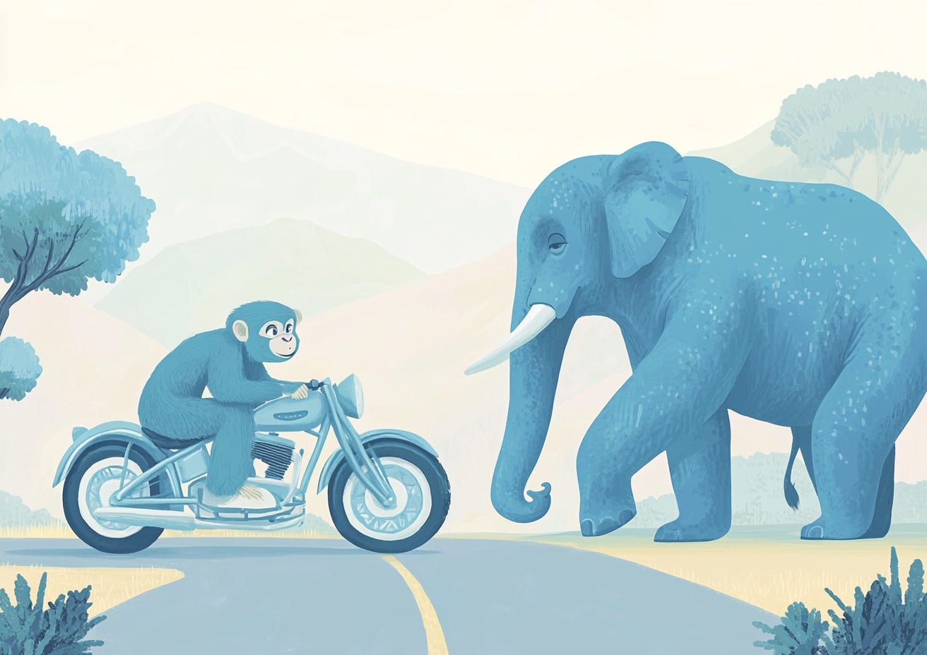 Imagen creada con Midjourney. Minimalist digital art of two playful monkeys next to a classic motorcycle, with a large elephant standing behind them. Set on an empty road in a surreal landscape, pastel color palette, soft tones, simple shapes and clean lines. --ar 7:5 --sref 118