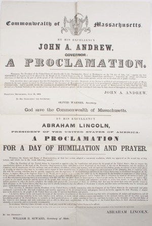 This proclamation sets apart the last Thursday of November “as a day of Thanksgiving and Praise.” According to an April 1, 1864, letter from John Nicolay, one of President Lincoln’s secretaries, this document was written by Secretary of State William Seward, and the original was in his handwriting.