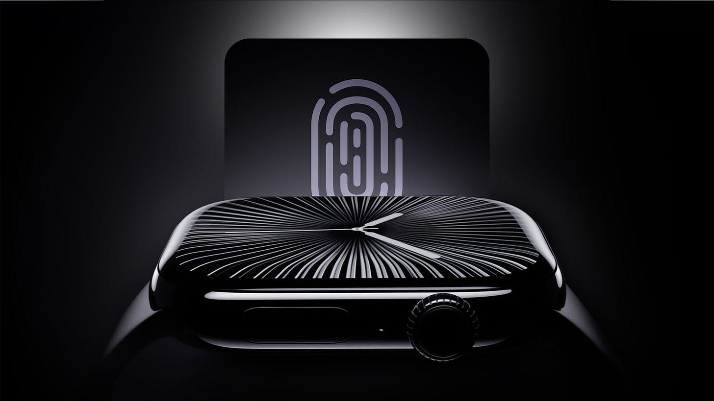 Smartwatch with glowing fingerprint interface on a dark background.