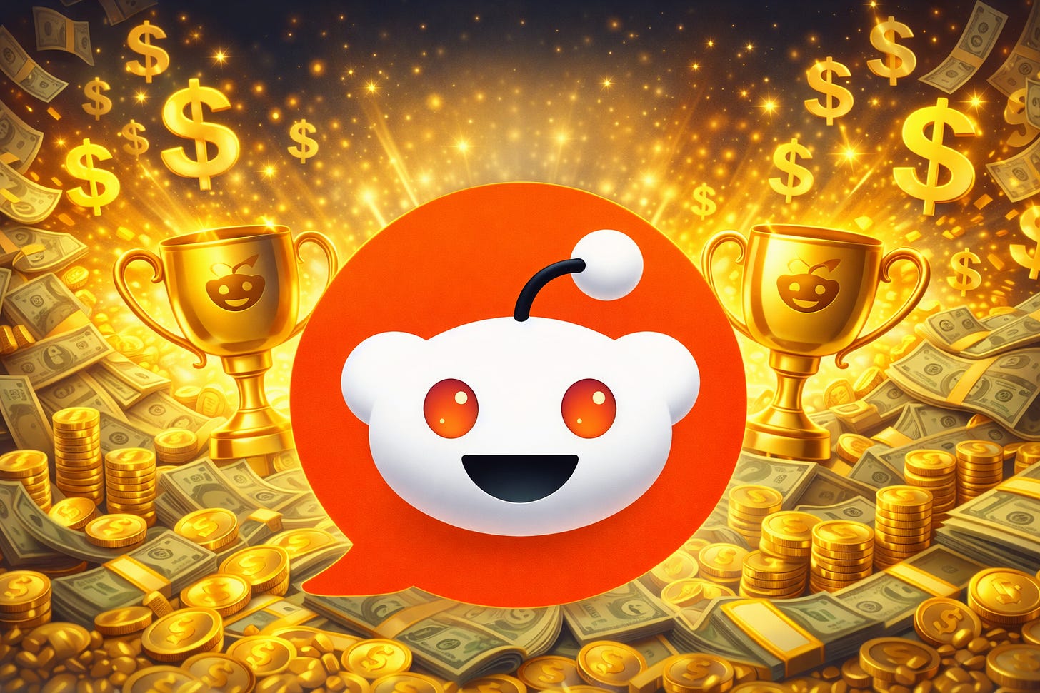 A happy Reddit mascot face in a speech bubble surrounded by golden trophies and piles of cash. A happy Reddit mascot face in a speech bubble surrounded by golden trophies and piles of cash.