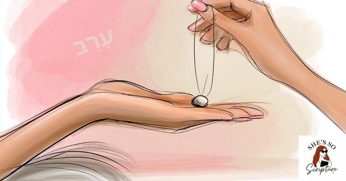 Whimsical watercolor illustration of a hand offering a signet ring and cord as a pledge, representing the Hebrew word arav