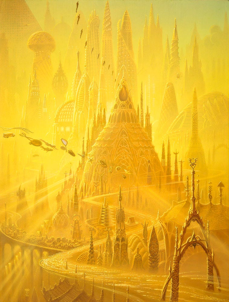 A shimmering cascade winds through a city of radiant domes and spires all rendered in gold. Eventually the concentrated stream dissipates as it exits lower right through an ornate gate of intersecting arches. Descending from high, an animated string of human figures, varying in sequential poses, vanishes down into a large jeweled window atop the largest dome. Across the dome's facade a nonsensical string of symbols floats (a dove, padlock, ammonite, hourglass, rowboat, starfish, etc). A shimmering cascade winds through a city of radiant domes and spires all rendered in gold. Eventually the concentrated stream dissipates as it exits lower right through an ornate gate of intersecting arches. Descending from high, an animated string of human figures, varying in sequential poses, vanishes down into a large jeweled window atop the largest dome. Across the dome's facade a nonsensical string of symbols floats (a dove, padlock, ammonite, hourglass, rowboat, starfish, etc).