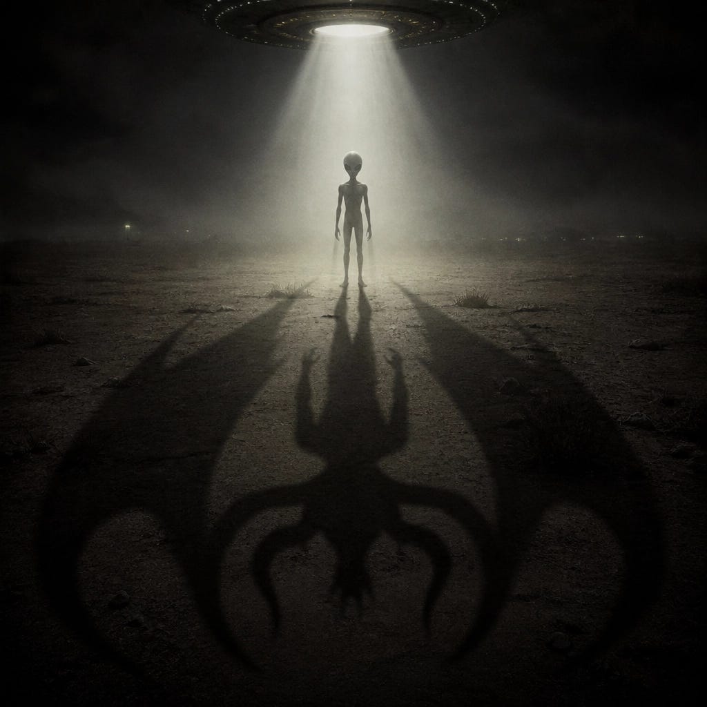 A silhouette of a Grey alien in a beam of light with a shadow shaped like an ancient demonic entity.