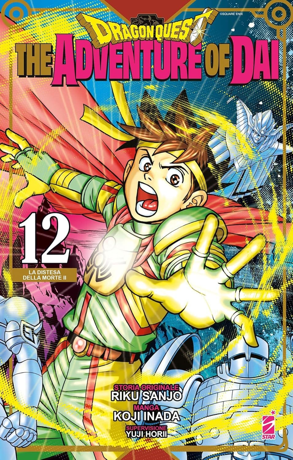 Cover of "Dragon Quest: The Adventure of Dai Volume 12" manga with a character in green armor extending his hand and a dramatic background.