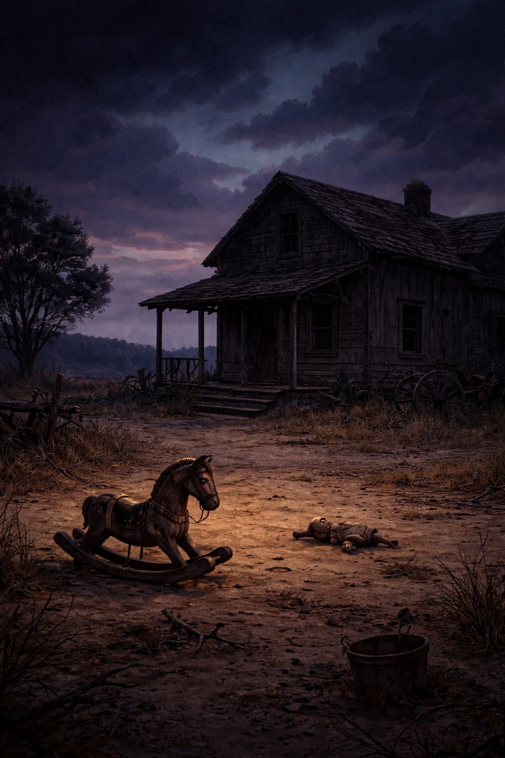 Illustrated scene of an abandoned Old West farmhouse at dusk beneath a dark, purple-blue sky. The house is unlit and weathered, with a sagging porch and overgrown grass around it. In the dirt of the empty yard, a small wooden rocking horse and a discarded rag doll lie tipped on their sides, suggesting a child once played there.
