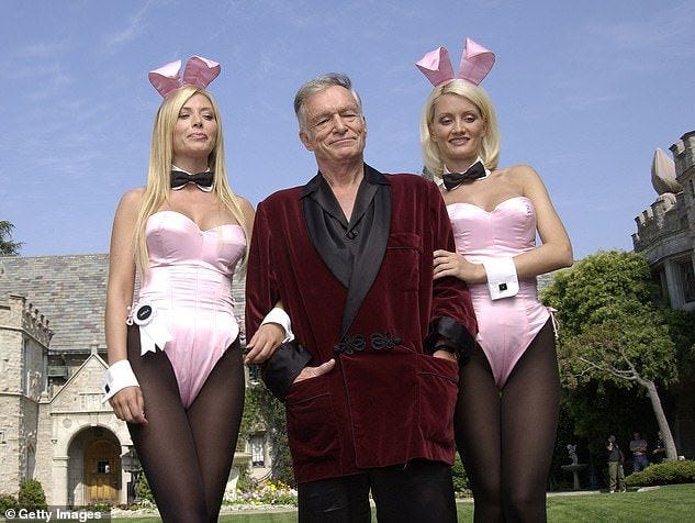 Playboy bunnies Sheila Levell and Holy Madison flank Hugh Hefner in front of the Mansion. When Metropoulos bought the property, he allowed Hefner to spend his last days there until he passed away from sepsis in 2017