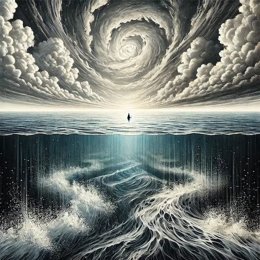 GPT-4o: Surreal artwork of an ocean scene divided into two halves: above the water, dramatic swirling clouds form a vortex in the sky, with a lone boat floating on the calm surface; below the water, turbulent currents and foam create intricate, ethereal patterns, blending with the depths of the sea in a dreamlike composition.