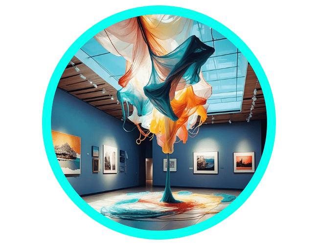 Contemporary art installation featuring large, colorful fabric sculptures suspended within minimalistic wireframes in a modern gallery. The translucent fabric creates dynamic gradients of red, orange, blue, and yellow hues, illuminated by soft lighting that casts gentle shadows on the floor. Background includes a wooden wall sculpture and a colorful abstract piece made of small, interconnected elements."