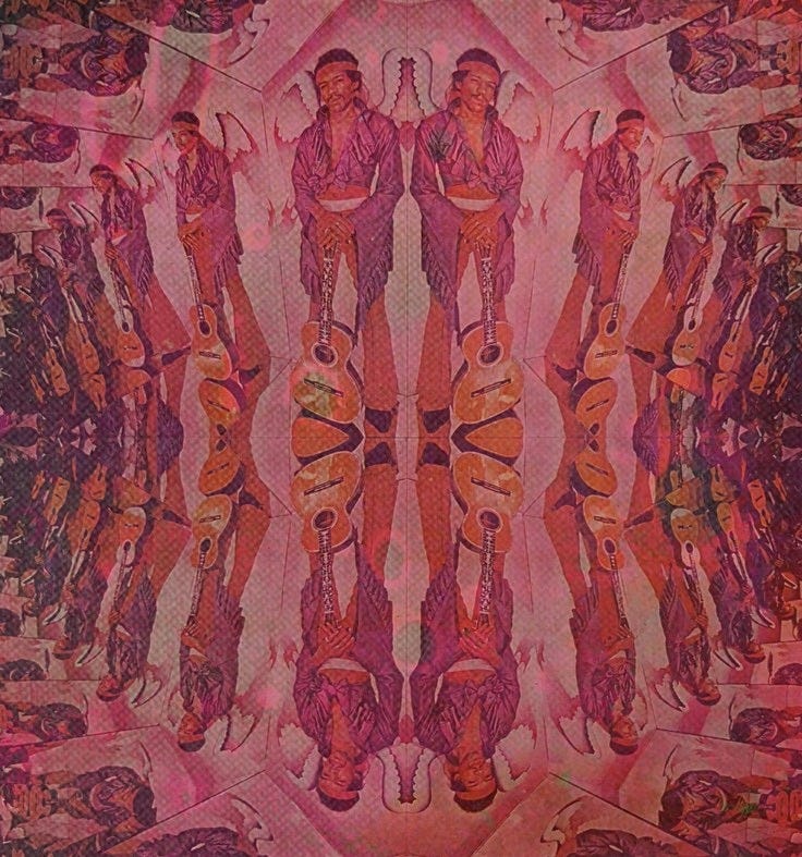 This may contain: an art work with multiple images of men in purple and orange outfits, all facing different directions