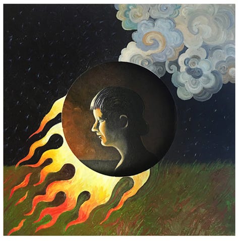 8 paintings and an assemblage centered around the theme of fire