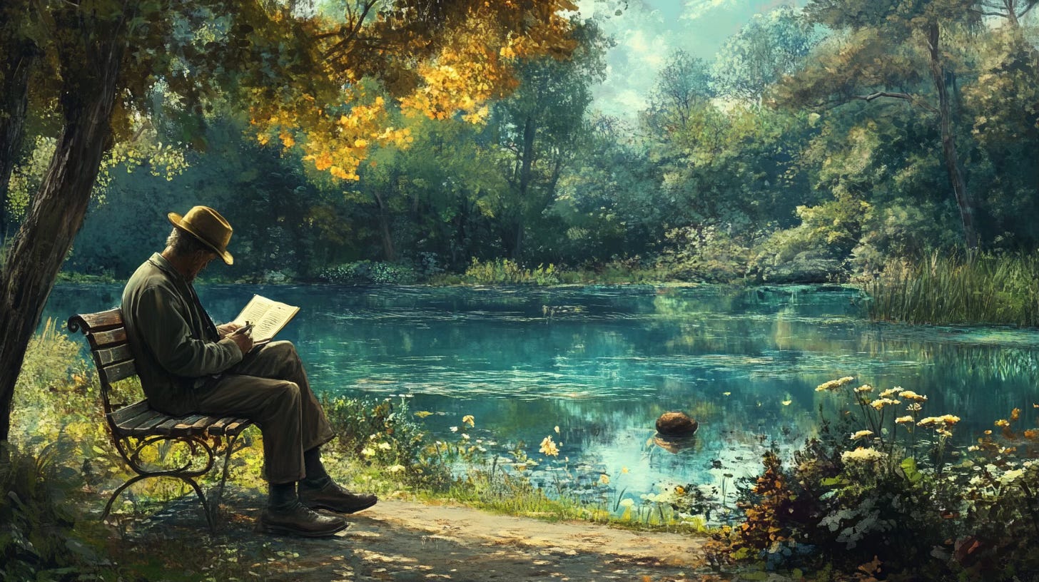 An older man in a hat is reading something while sitting on a park bench, next to a beatuiful pond.