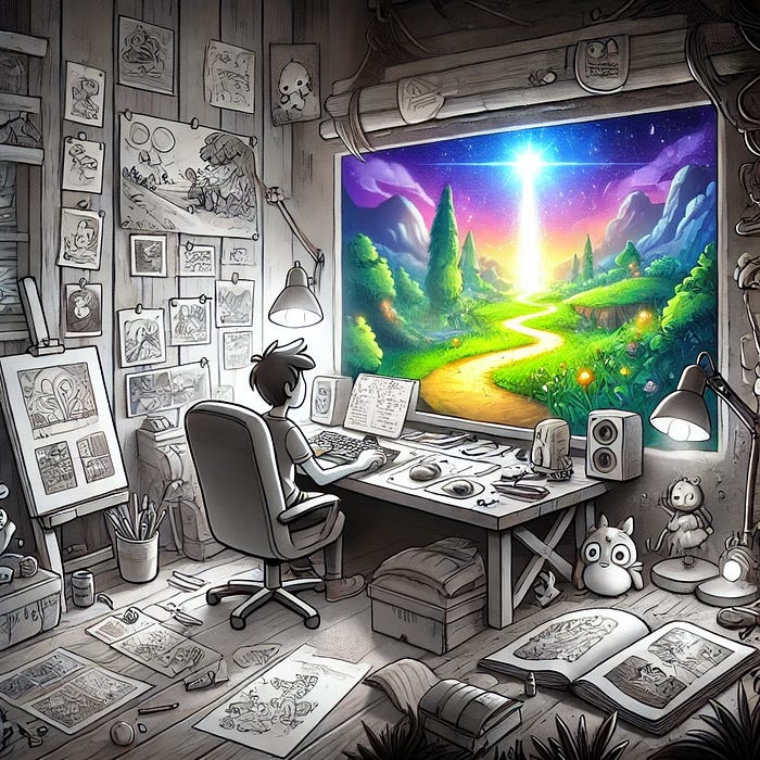 AI Generated — Dall-e — game developer create a world where display as window