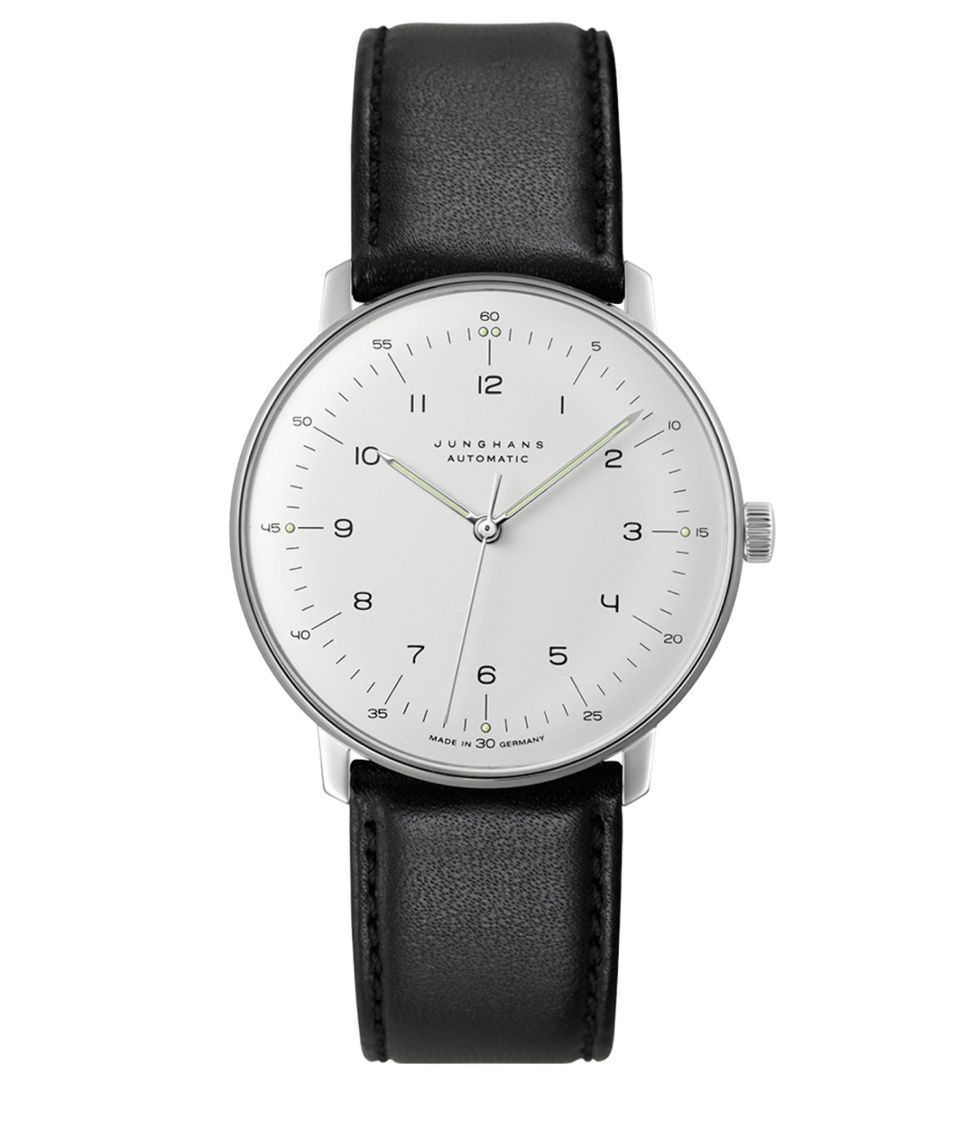 A Junghans Max Bill Automatic watch with a 38mm stainless steel case, featuring a matt silver-plated dial and self-winding calibre J800.1 movement, emphasizing functional elegance with a minimalist design. A Junghans Max Bill Automatic watch with a 38mm stainless steel case, featuring a matt silver-plated dial and self-winding calibre J800.1 movement, emphasizing functional elegance with a minimalist design.