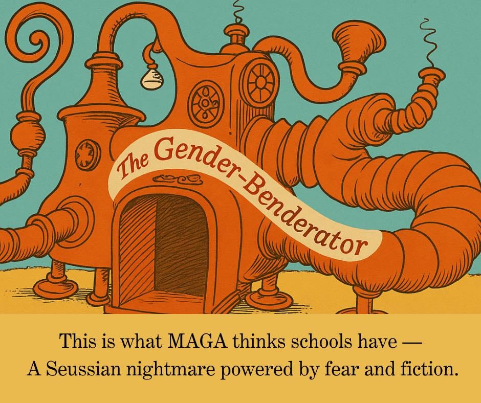 A parody of the Dr Seuss' Star Machine from the Sneetches with the caption "This is what MAGA thinks schools have--a Seussian nightmare powered by fear and fiction.  It's called the Gender-Benderator.