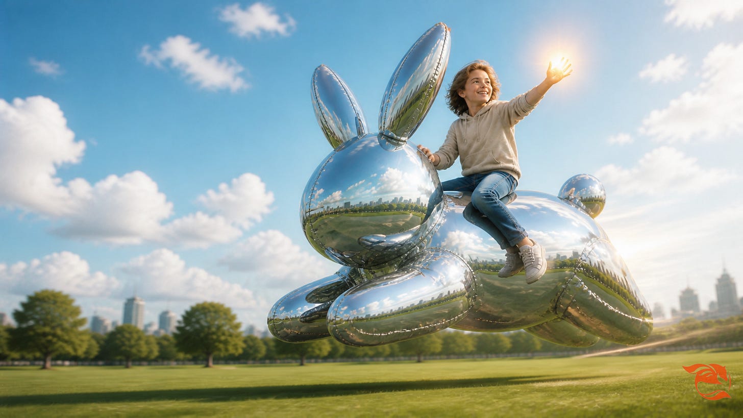 Child riding on the back of a futuristic robotic hare, hand extended forward showing five fingers, representing the Open Hand parenting framework