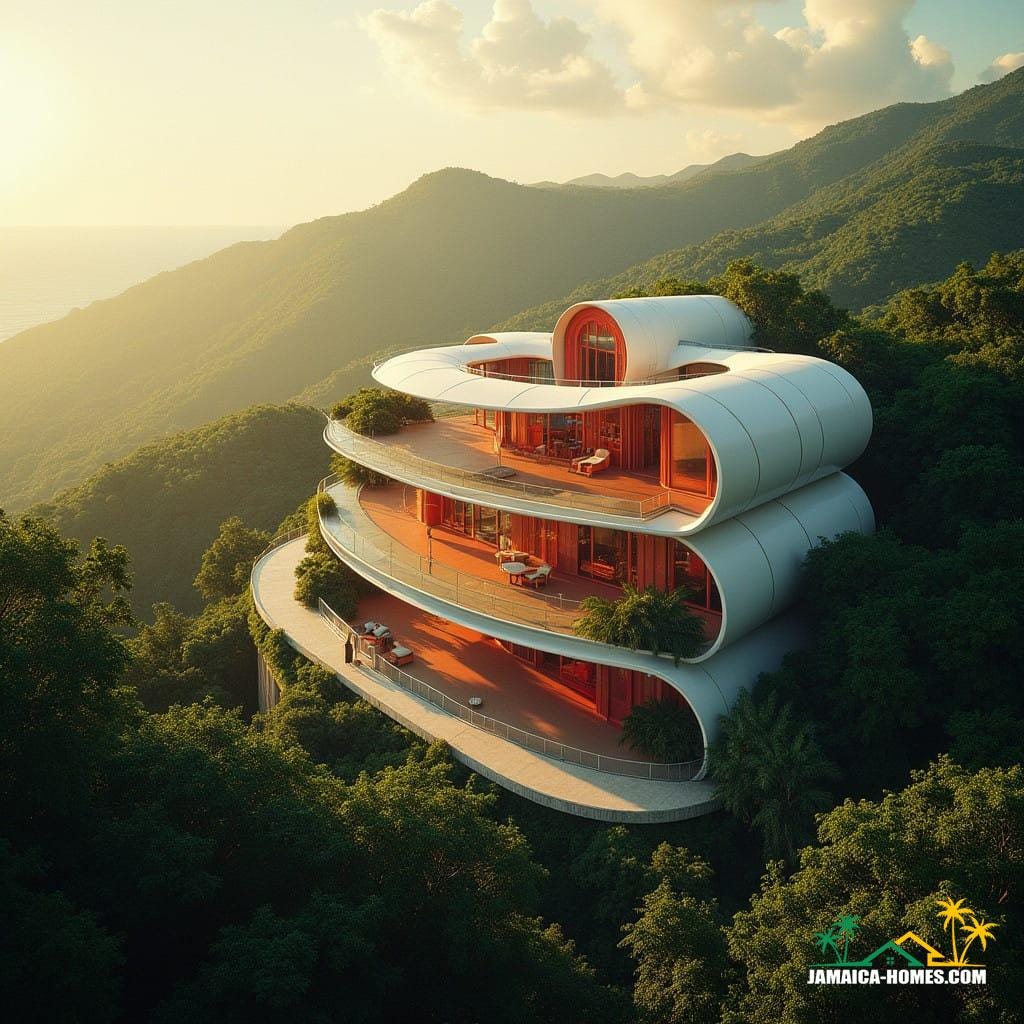A majestic, modern tube house with vibrant, curved tubes jutting out in every direction, set against the lush, emerald hills of Jamaica, Caribbean. The scene is bathed in warm, golden light, with deep shadows and subtle lens flares, evoking the rich, cinematic feel of a 35mm film still, shot on a V-Raptor XL camera. The image is infused with a subtle film grain, and a slight vignette, drawing the viewer's eye to the dramatic, futuristic architecture. The color palette is bold and vibrant, with a warm, sunny glow, reminiscent of the work of cinematographer Emmanuel Lubezki.