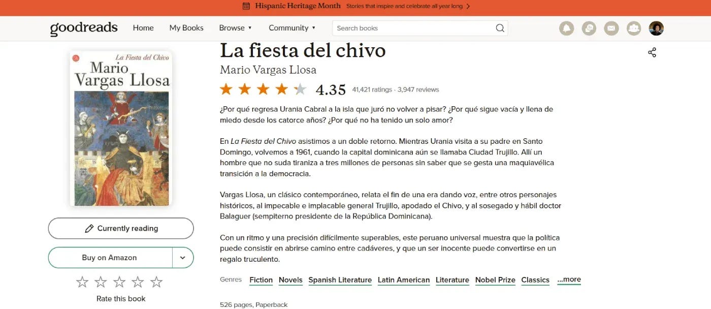 Página dedicada a La Fiesta del Chivo de Mario Vargas Llosa. Captura de pantalla.
