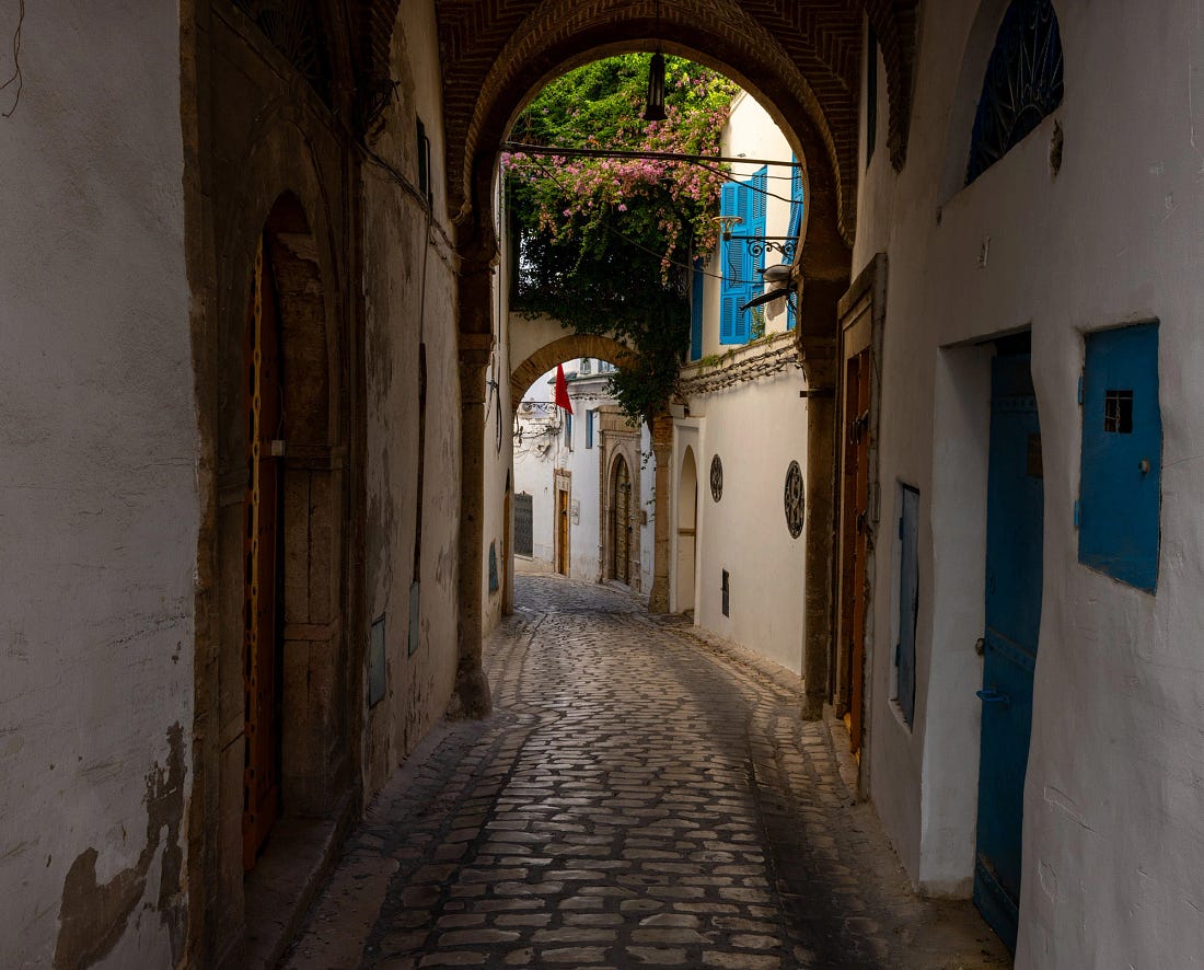 Arched passageway in the Tunis Medina with cobblestone paving, whitewashed walls, blue shutters, and bougainvillea spilling over the upper arch.