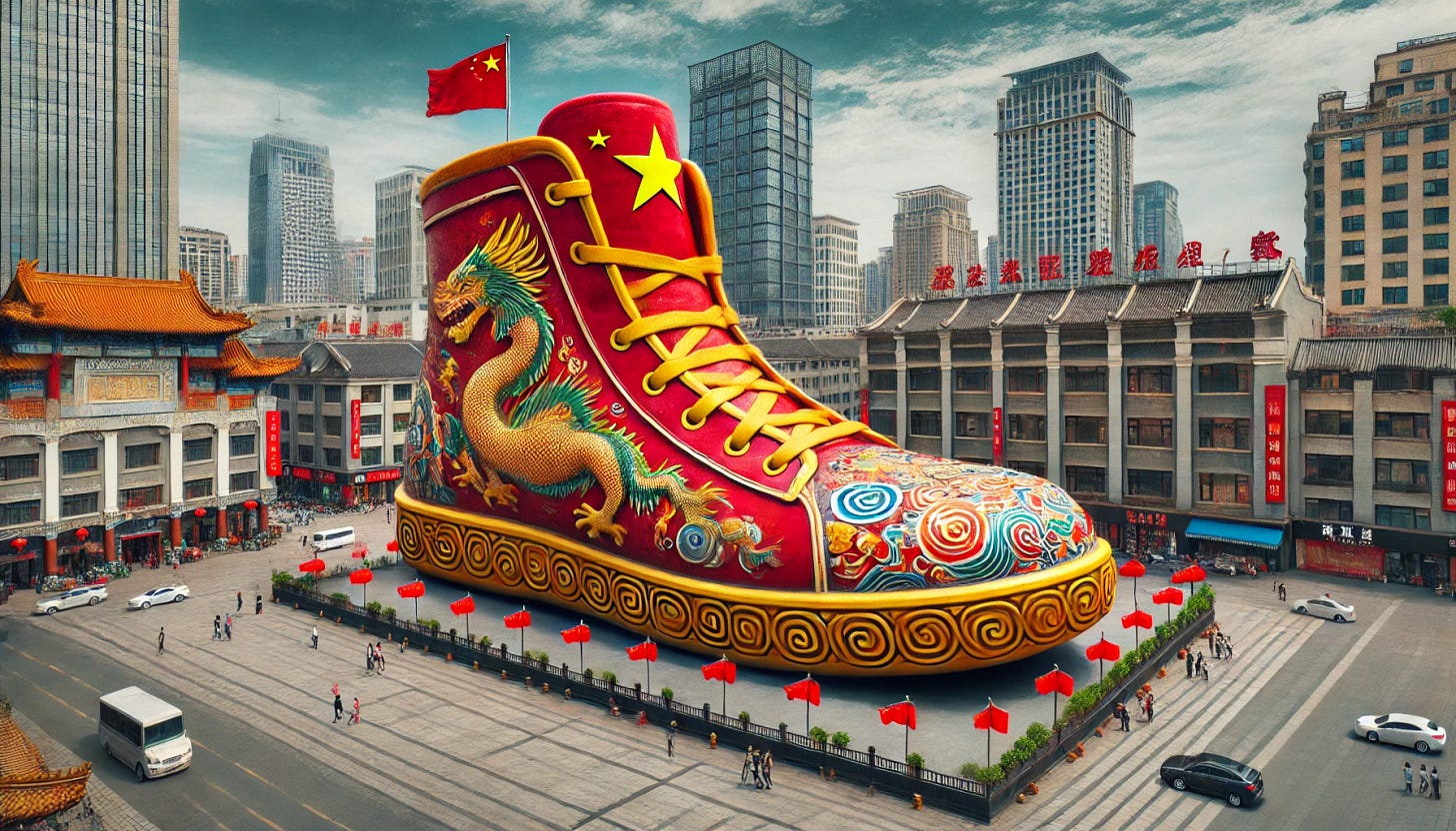 A wide aspect ratio, real-life-like image showing a giant shoe draped in the imprints of the Chinese flag and the Chinese dragon, built as a monument at the center of a Chinese city. The shoe is decorated in vibrant red and yellow colors, featuring stars from the Chinese flag and an intricate dragon design. The monument stands prominently in a bustling urban square surrounded by modern skyscrapers, shops, and busy streets. The overall atmosphere is lively and dynamic, capturing the unique blend of contemporary life and cultural heritage in the city.