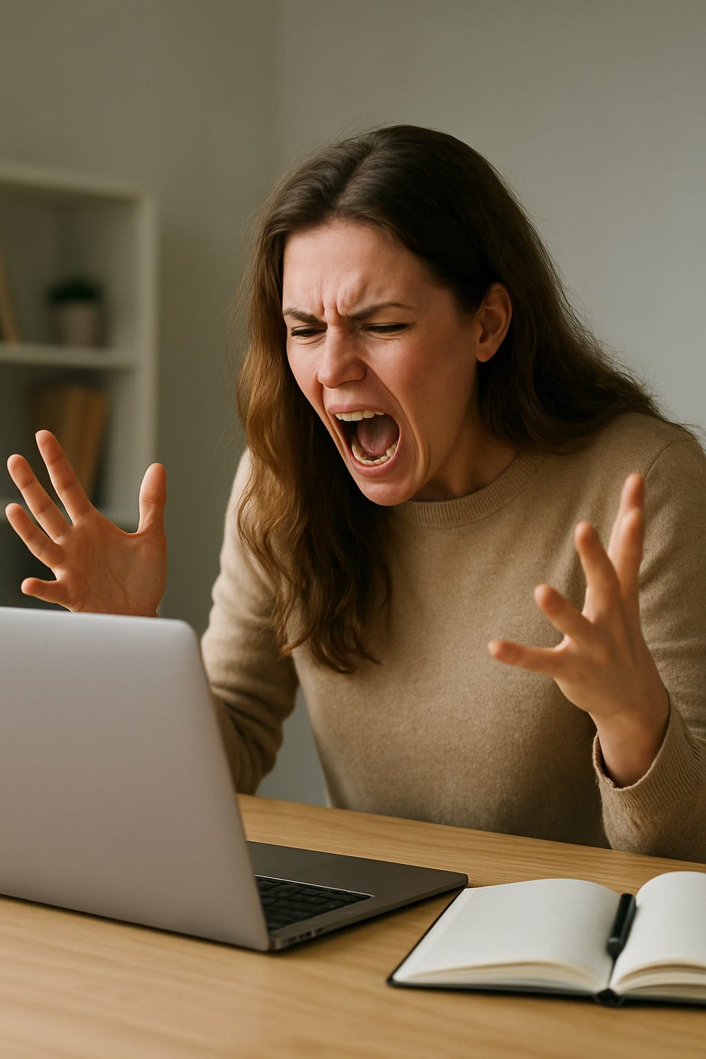 A writer screams at her laptop screen in frustration