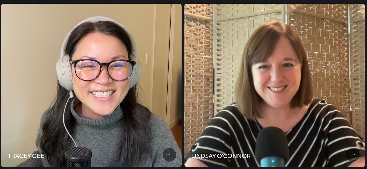 Two side-by-side pictures: on the left is Tracey, a smiling Asian American woman with long dark hair, glasses, and a grey sweater, wearing headphones, sitting in front of a podcast mic; on the right is Lindsay, a white woman with brown hair smiling, wearing a black and white striped top and sitting in front of a podcast mic