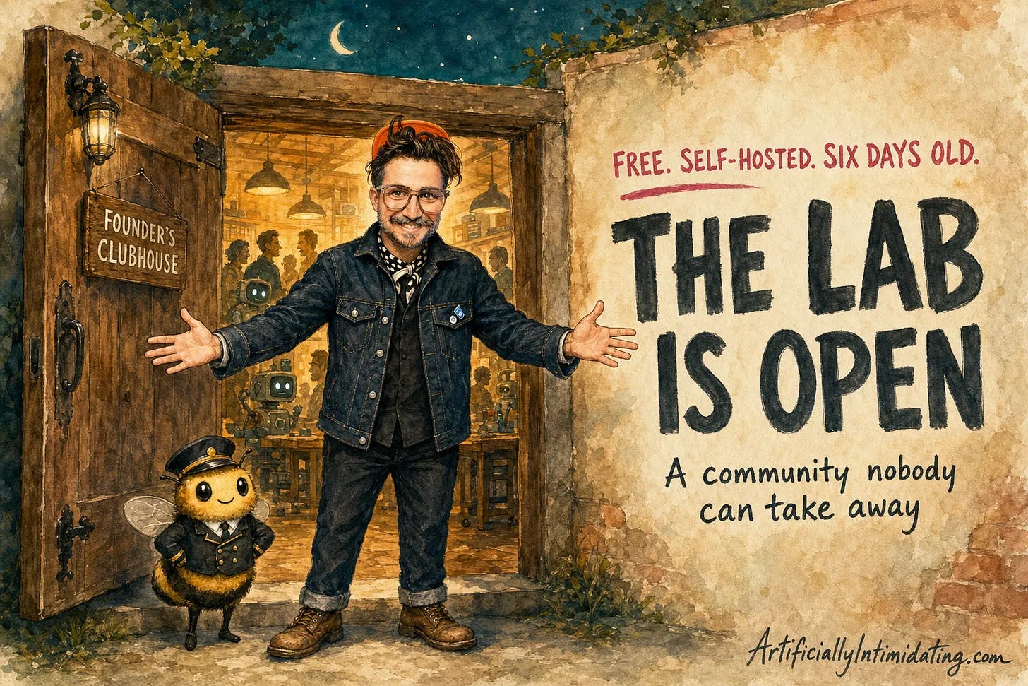 Watercolor illustration of Nicholas welcoming visitors through an open clubhouse door with a bee doorman, headline "The Lab Is Open"