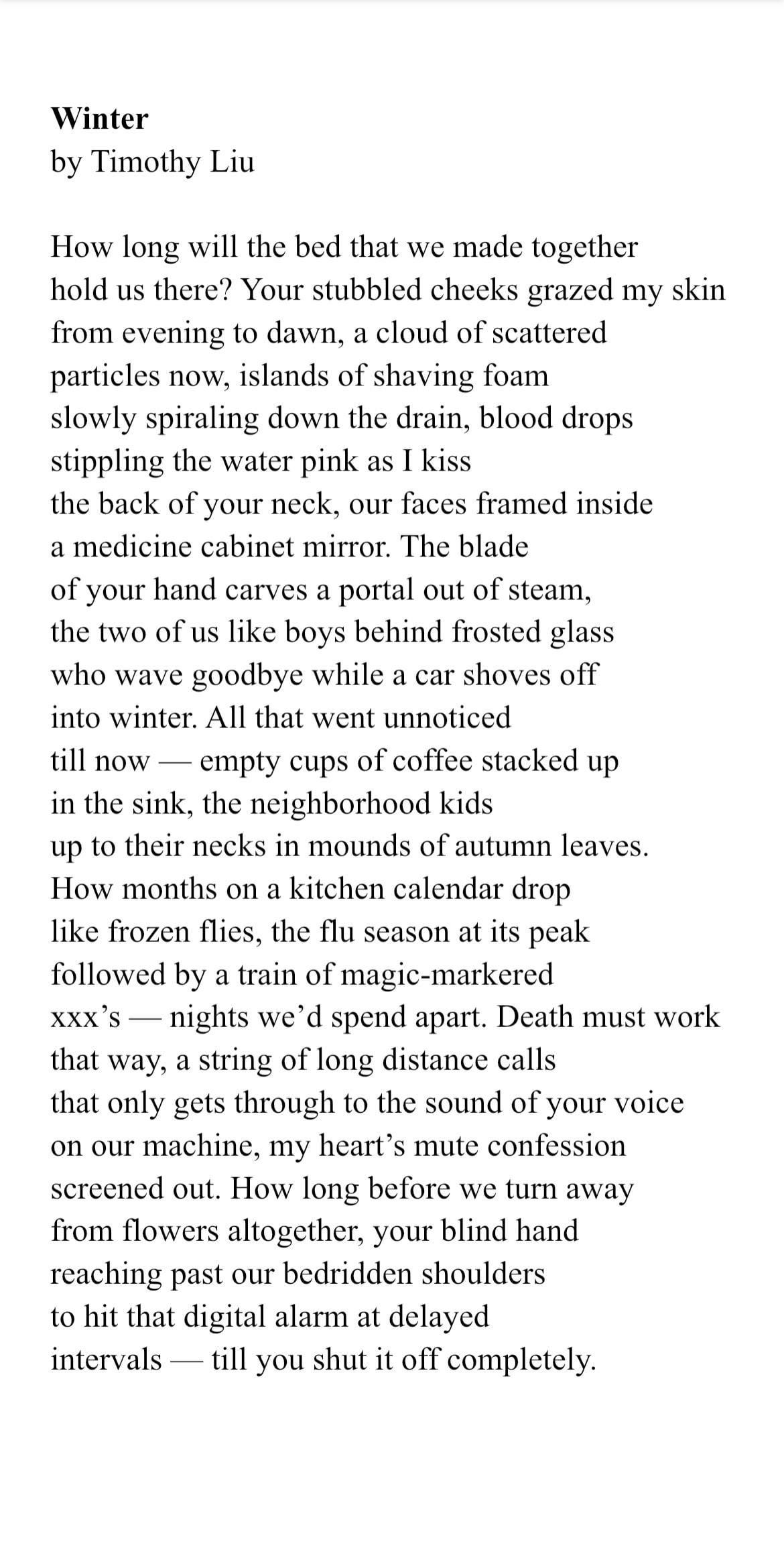 [POEM] Winter — Timothy Liu : r/Poetry