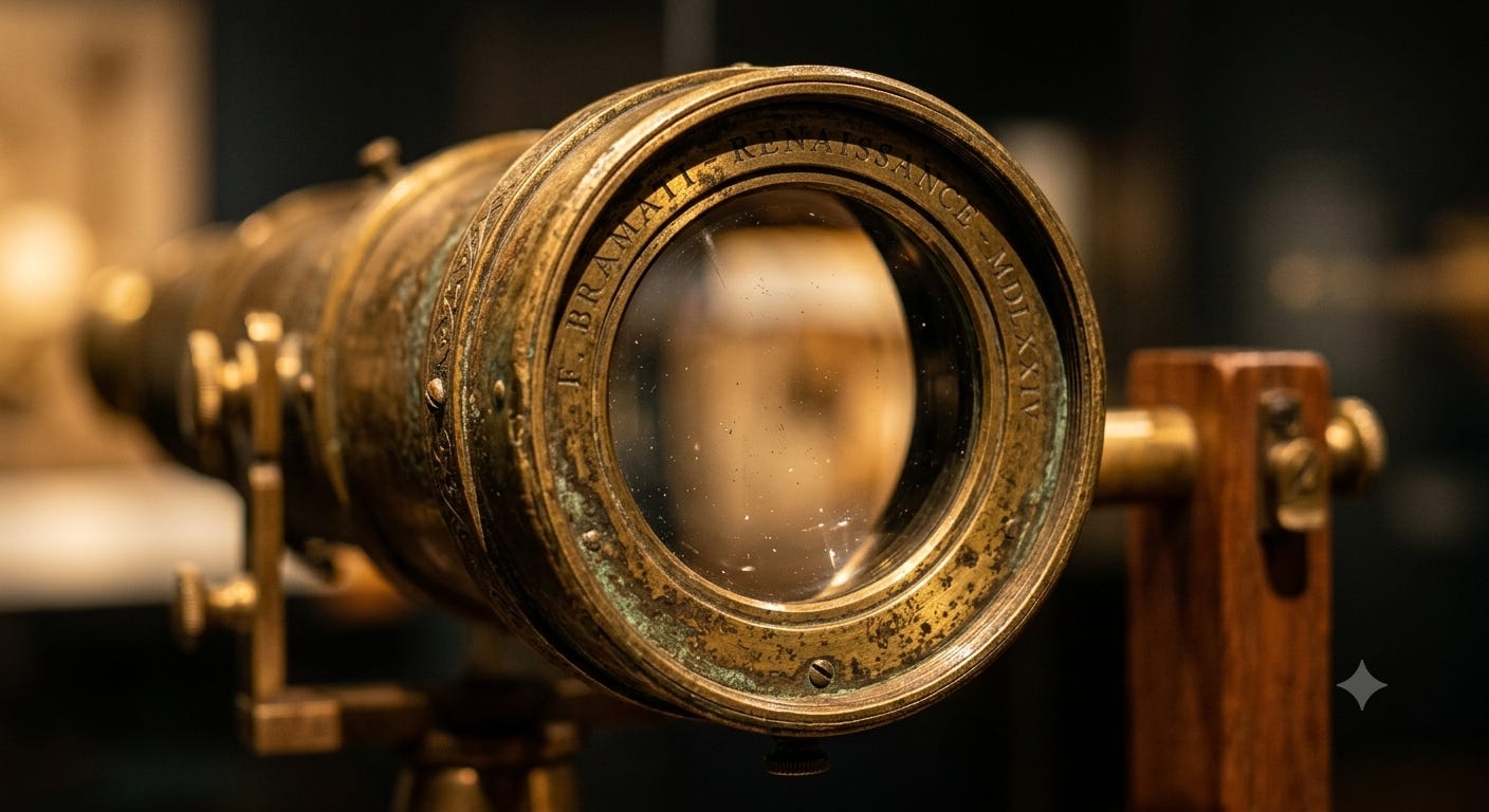 Antique telescope lens in precise focus with surrounding elements blurred, symbolizing clarity and focus after six months of learning to see.