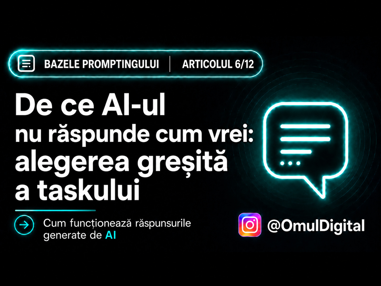 Cover pentru seria „Bazele promptingului” de la Omul Digital, cu titlul articolului, icon de chat și design mov dedicat materialelor despre prompt engineering.