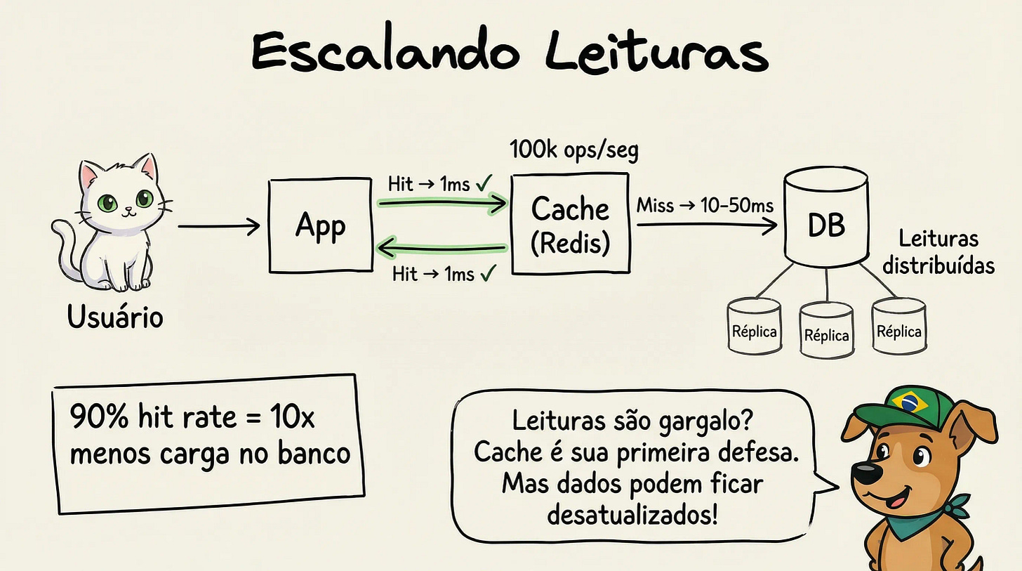 Diagrama mostrando como escalar leituras com cache, réplicas e CDN