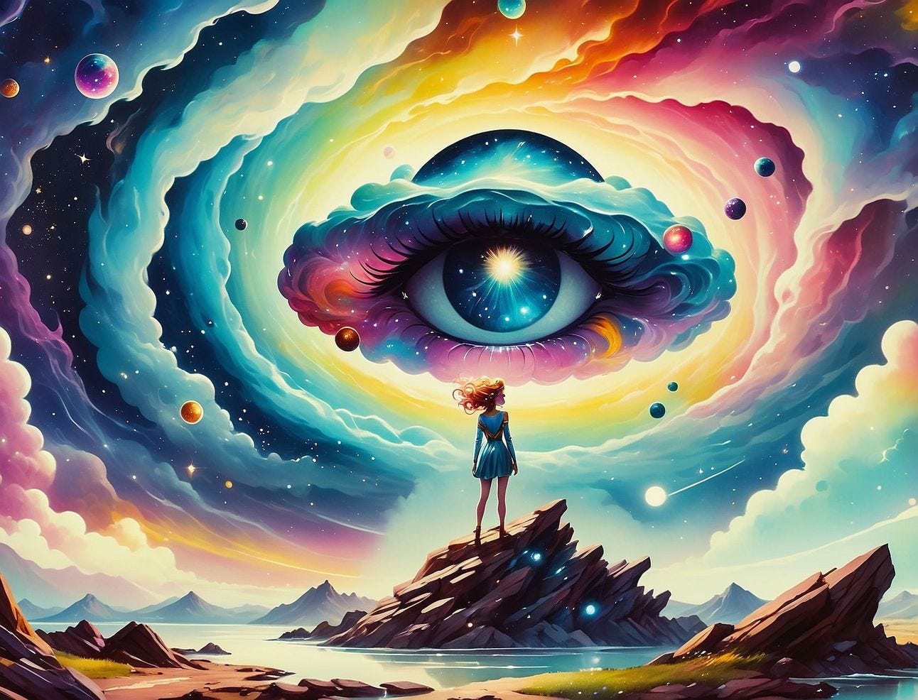 A dreamlike surreal scene where a small figure of a woman stands on a jagged rock formation, gazing up at a massive cosmic eye surrounded by swirling galaxies, colorful nebulae, and orbiting planets. The eye glows with an intense energy.