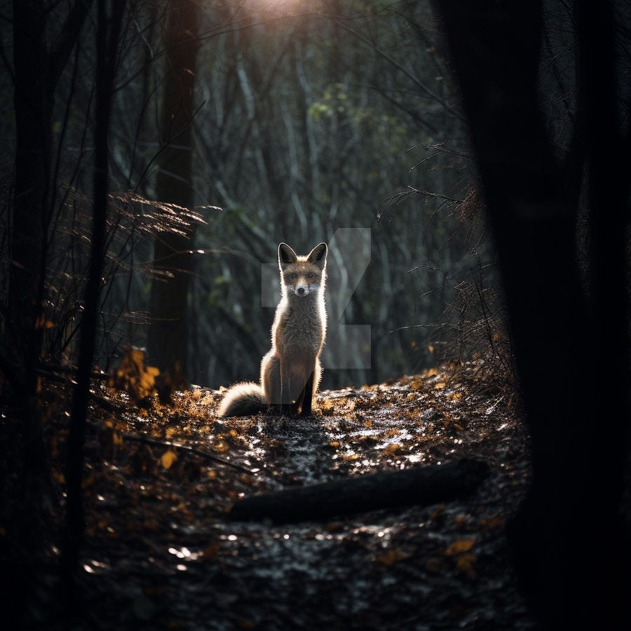 Photo of a fox sitting in dark autumn forest by Coolarts223 on DeviantArt