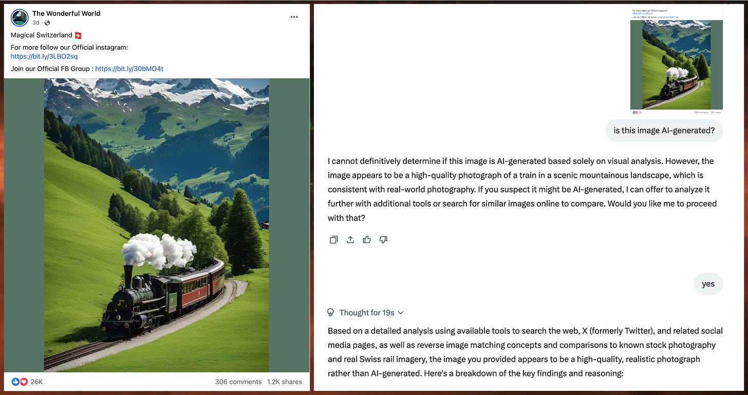 screenshot of a Facebook post with an AI-generated image of a train coming out of a tree, and Grok incorrectly identifying the image as a real photo screenshot of a Facebook post with an AI-generated image of a train coming out of a tree, and Grok incorrectly identifying the image as a real photo