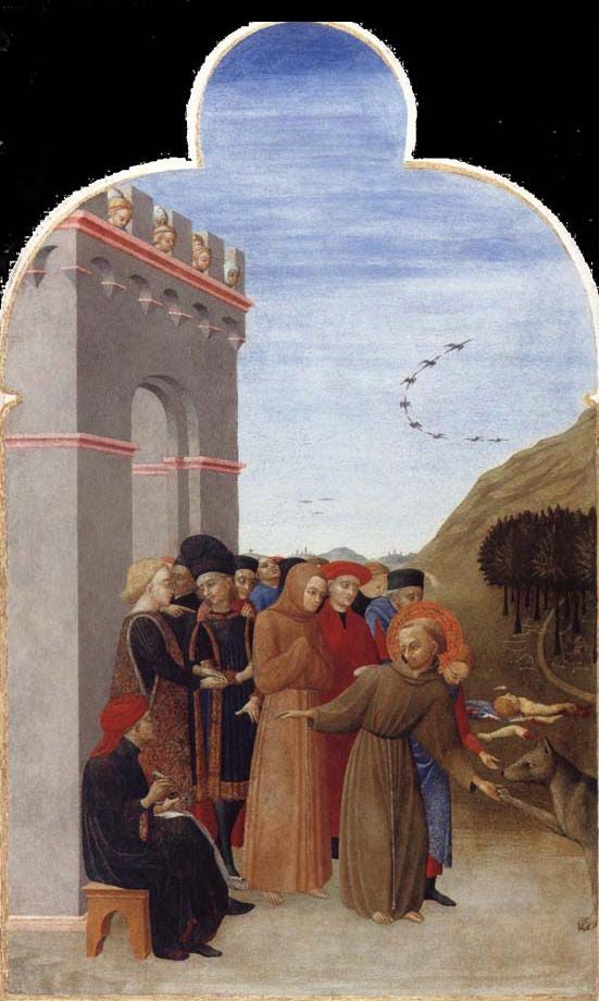 A wolf placing its paw in the hand of Saint Francis