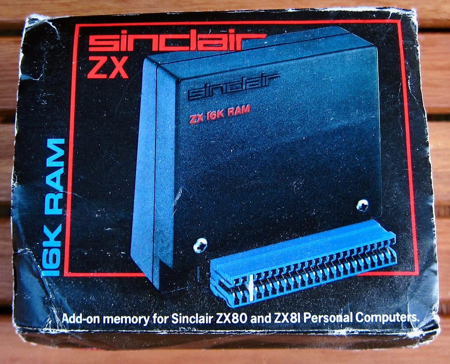 A tatty old box cardboard box containing a 15K RAM expension for the Sinclair ZX80 and ZX81. 