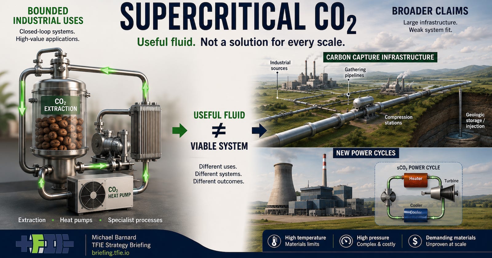 TFIE graphic contrasting a compact closed-loop supercritical-CO₂ industrial system with broader system claims involving carbon-capture pipelines, geological storage infrastructure and proposed new thermal power cycles.
