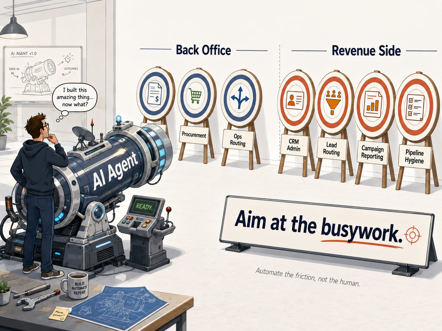 Person aiming an AI Agent machine at business automation targets like procurement, CRM, and reporting. Person aiming an AI Agent machine at business automation targets like procurement, CRM, and reporting.