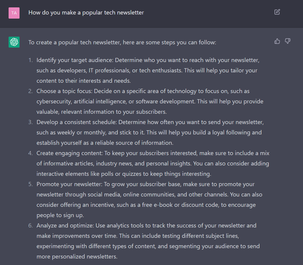 ChatGPT output for how to make a popular tech newsletter