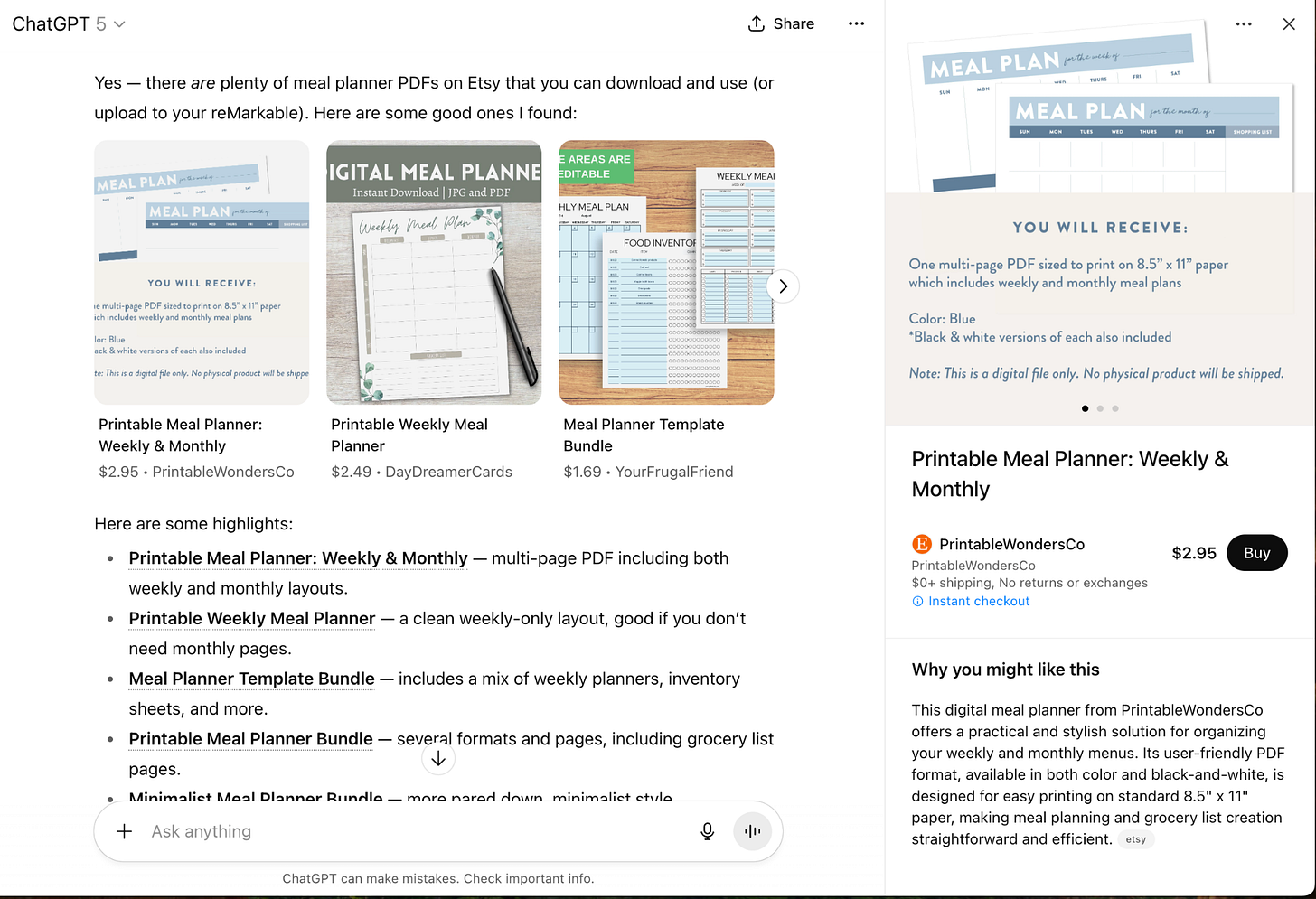 Screenshot of ChatGPT ecommerce