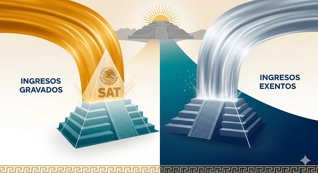 Ilustración de dos flujos de dinero: ingresos gravados que se dirigen a un impuesto piramidal e ingresos exentos que lo evitan.