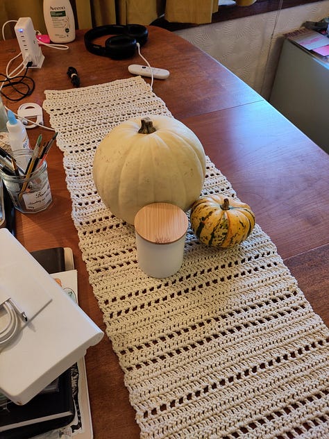 9 pictures of different fiber arts projects including a knit tapestry that says "Protect Trans Youth, a crochet tapestry of a wee ghost, a crochet blanket, a table runner, needle felted keychains, a butterfly cardigan for a little kid, and a blue and white striped cardigan for an adult.