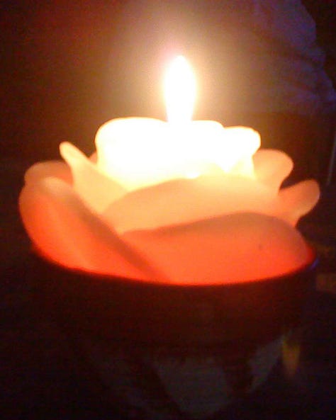 Three flower-shaped candles, glowing in, orange, green, and purple, respectively.